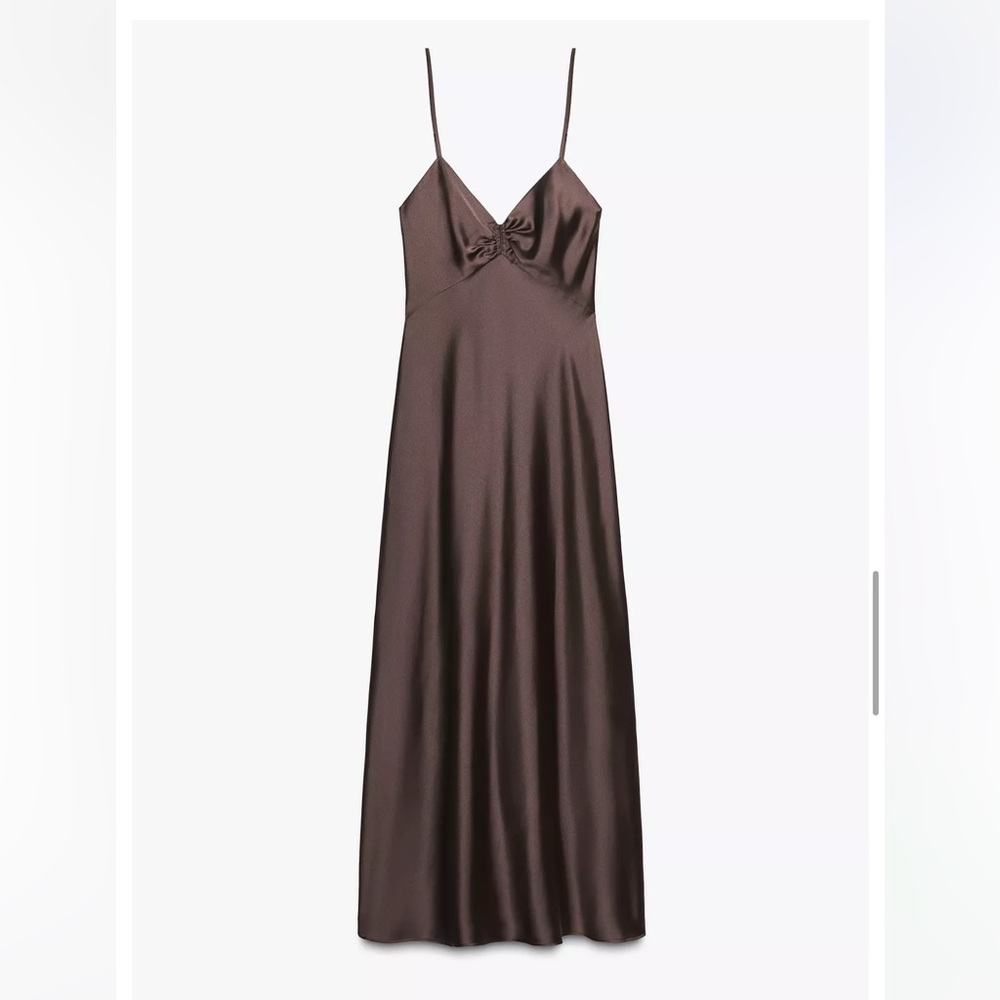 Zara NWT ruched satin effect midi dress brown 8394/331 - Picture 4 of 11